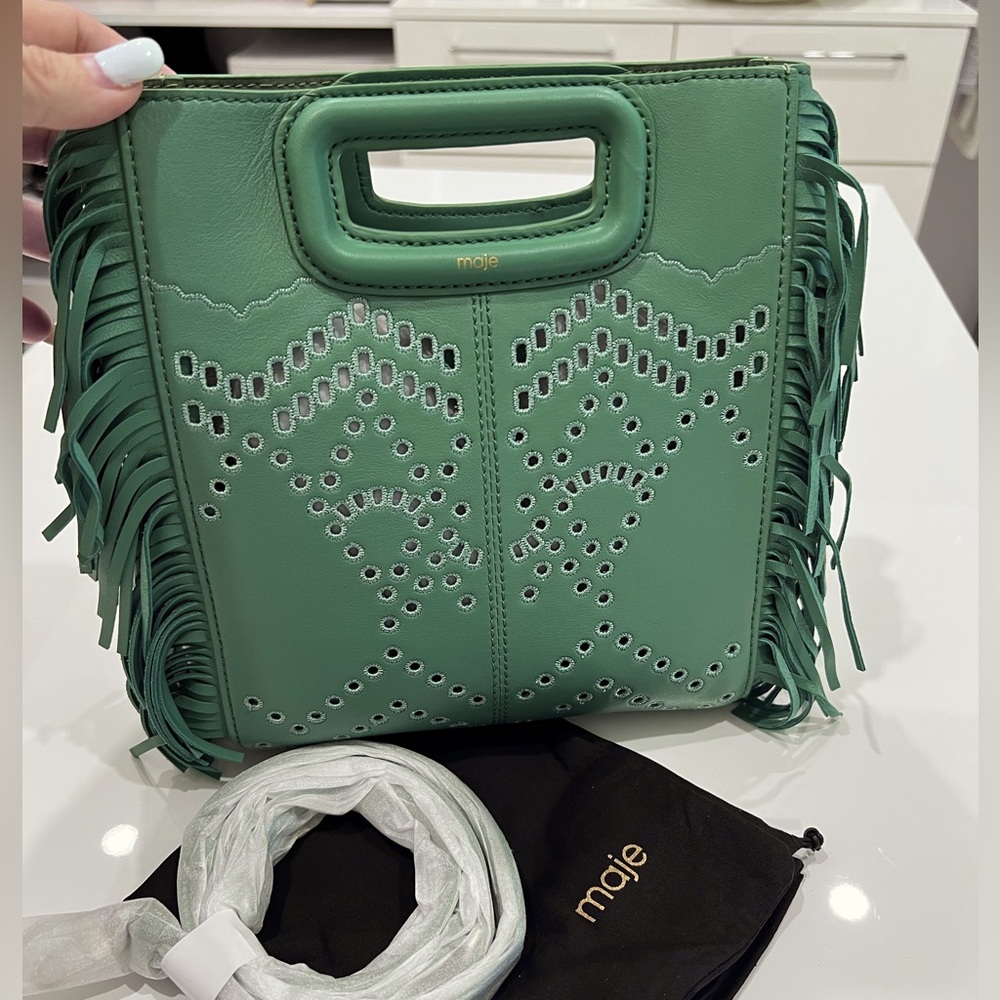 Maje Green Leather Fringe Crossbody Bag